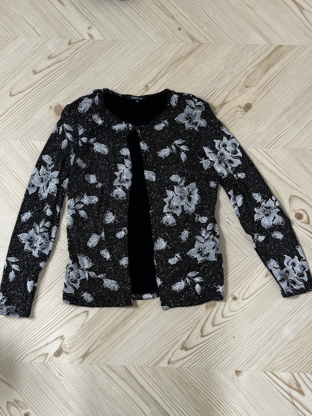Vintage Onyx Nite Black Cardigan with White Floral sparkly Accents
